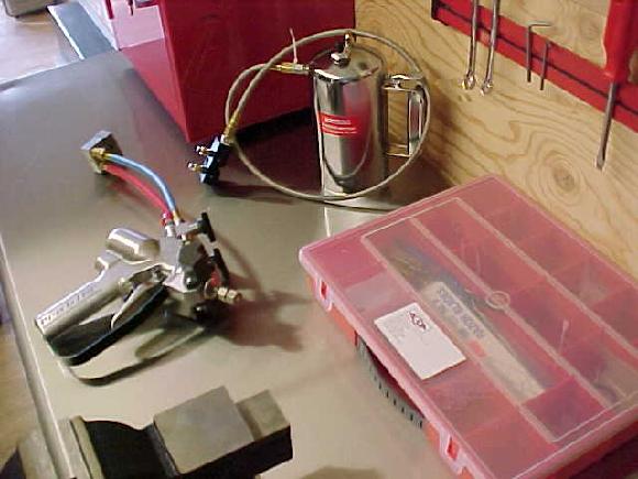 Workbench in Glascraft MH trailer is utilized for tools and supplies.